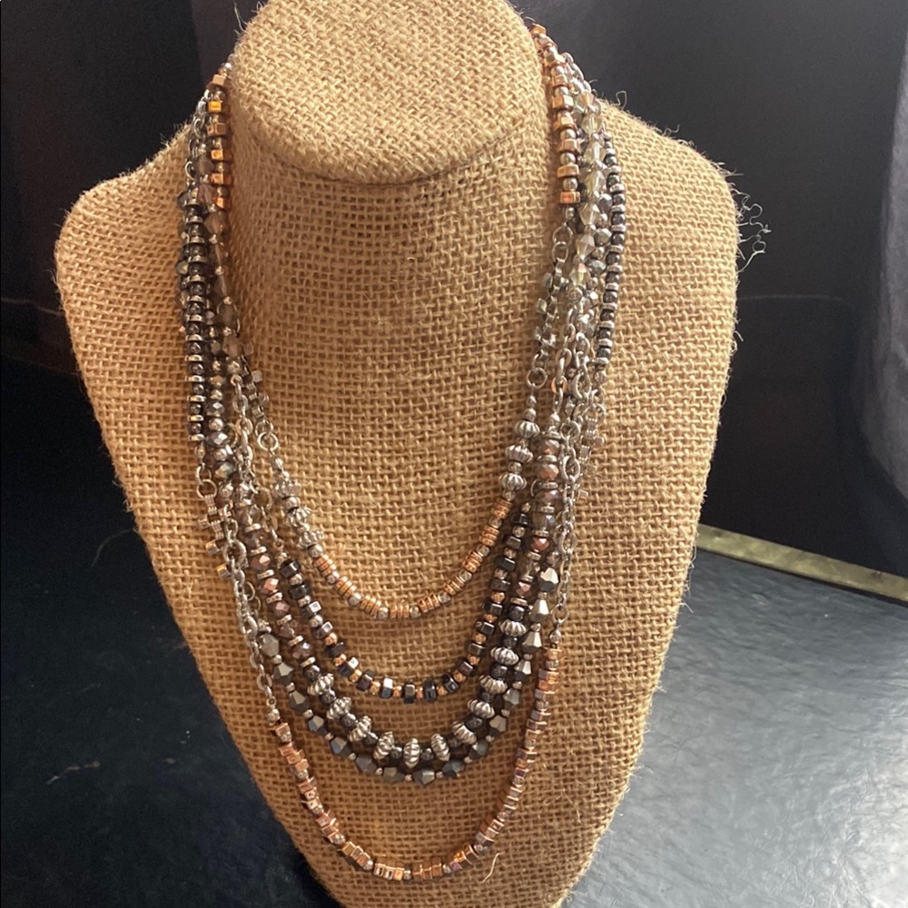 15” Handcrafted Copper, Silver, and Black Obsidian Multi-Strand Necklace